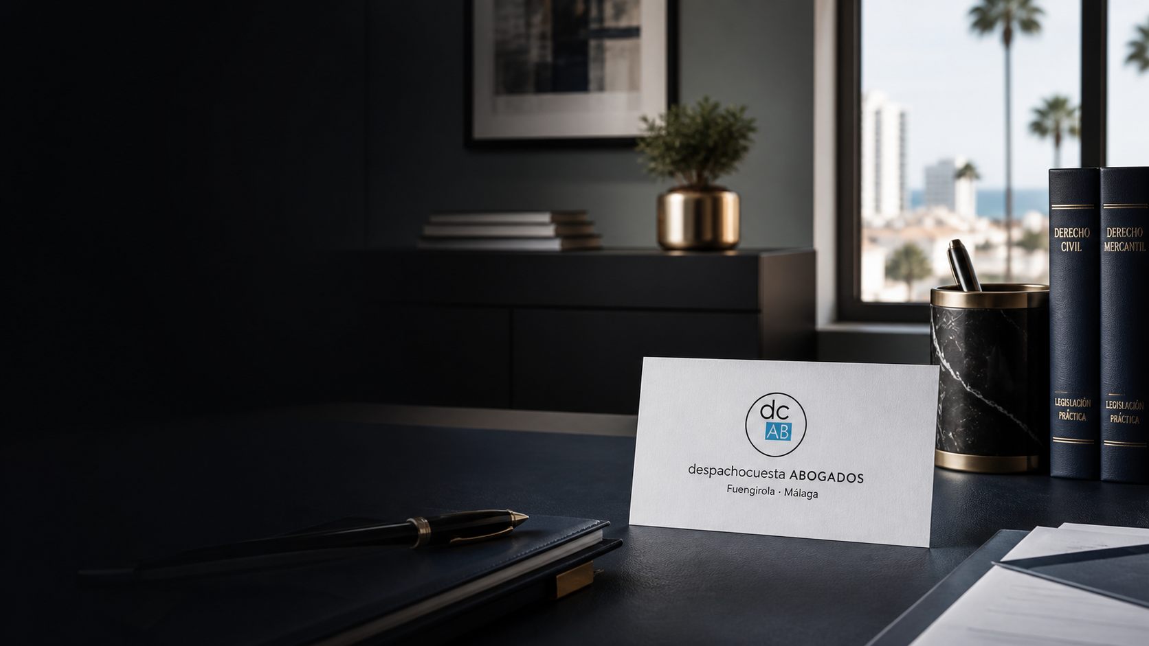 Law firm material with despachocuesta ABOGADOS identity and Costa del Sol view